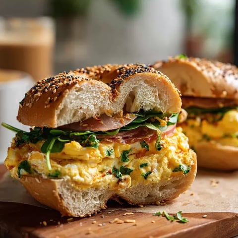 Ein Sandwich mit Ei und Bacon auf einem Holztisch.