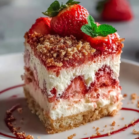 Ein Stück Kuchen, getoppt mit Erdbeeren.