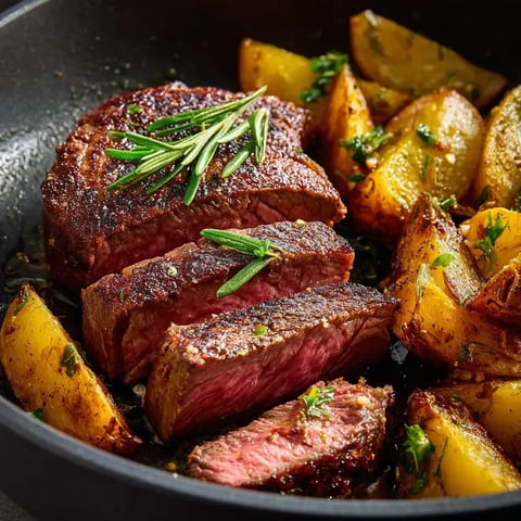 Eine Schale mit Steak und Kartoffeln.