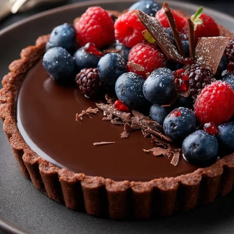Ein Stück Schokokuchen mit Himbeeren obendrauf.