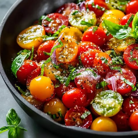 Schüssel mit Tomaten, Zwiebeln und Basilikum.
