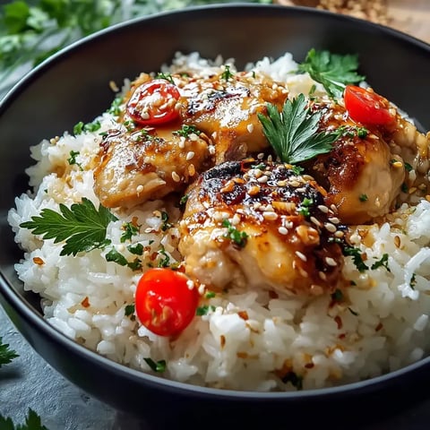 Eine Schale Reis mit Hähnchen und Tomaten.