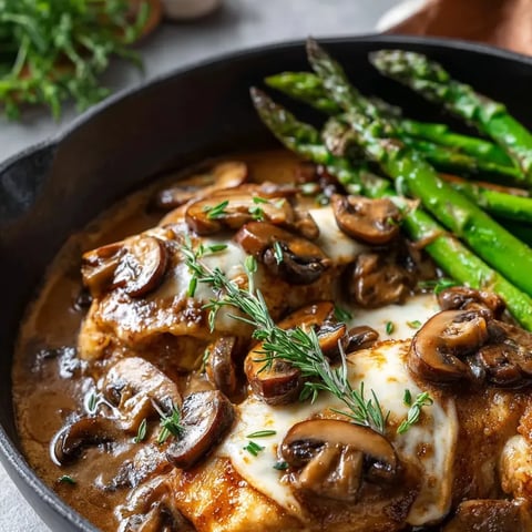 In der Pfanne: Hähnchen mit Pilzen und Spargel.
