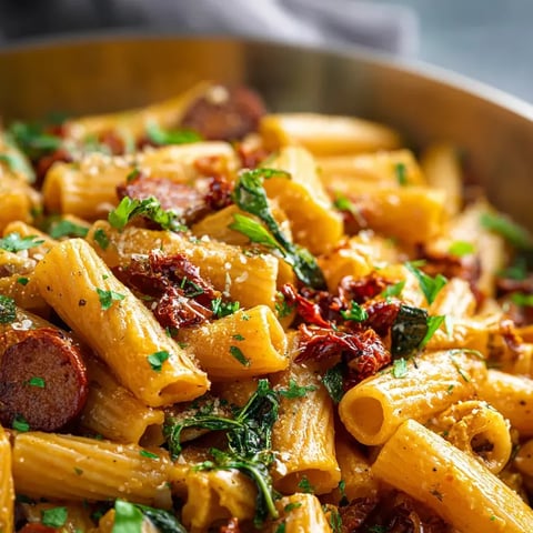 Eine Schale mit Pasta, Wurst und Gemüse.