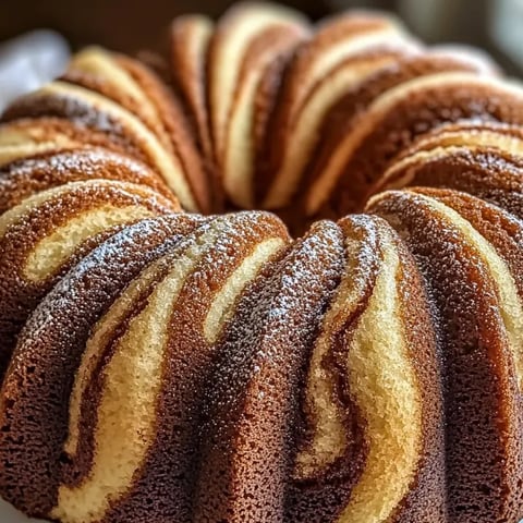 Ein Kuchen mit braunen und weißen Streifen.