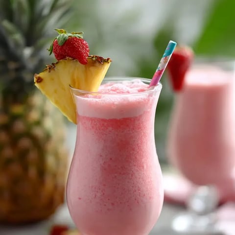 Ein Glas mit rosa Drink und einer Ananasecke obendrauf.