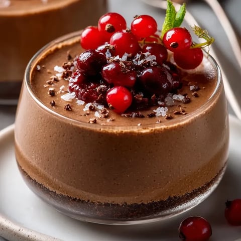 Ein schokoladiges Dessert mit Beeren oben drauf.