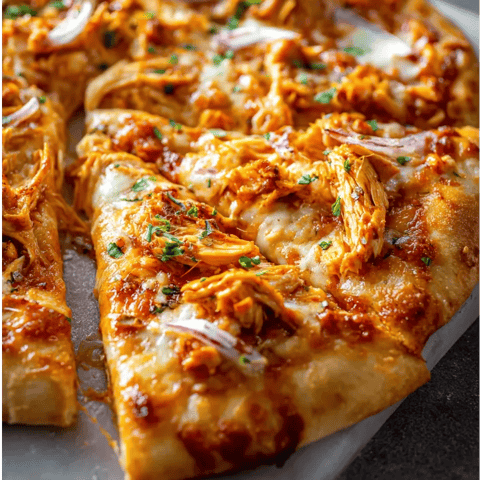 Pizzastück mit Hähnchen und Zwiebeln.