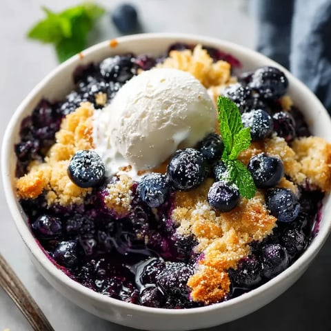 Eine Schale Heidelbeeren mit einer Kugel Eis obendrauf.