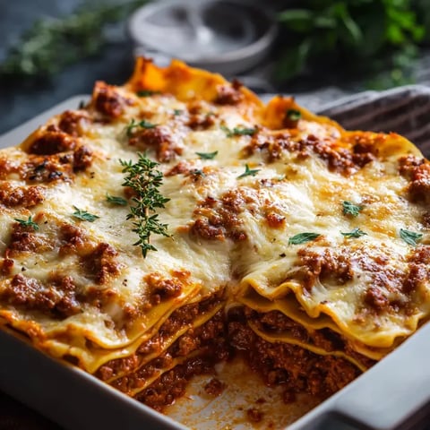 Ein Stück Lasagne mit viel Käse und Hackfleisch.