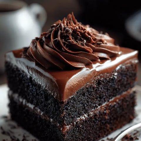 Ein Stück Schokokuchen mit einer glänzenden Schokoladendecke.