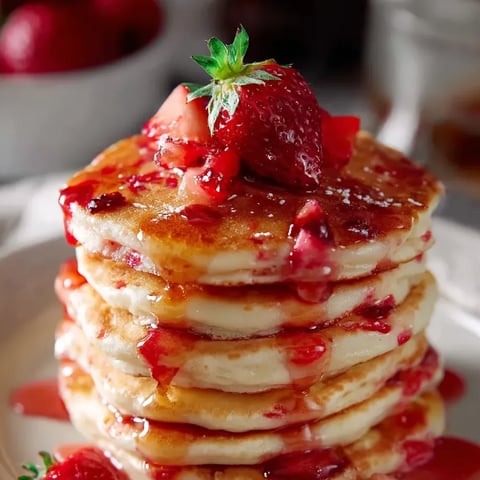 Ein Stapel Pfannkuchen mit Erdbeeren oben drauf.
