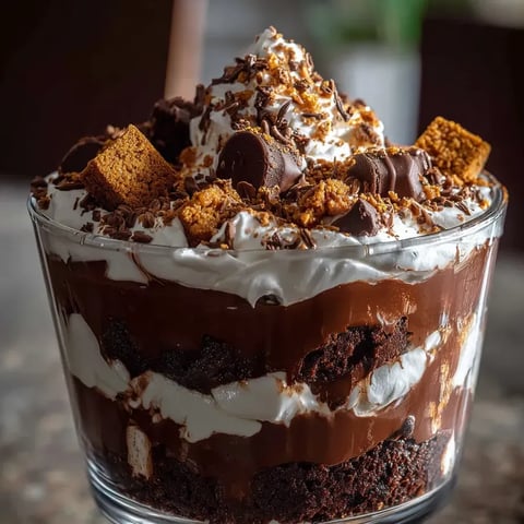 Ein schokoladiges Dessert mit weißer Sahne und Schokostückchen.
