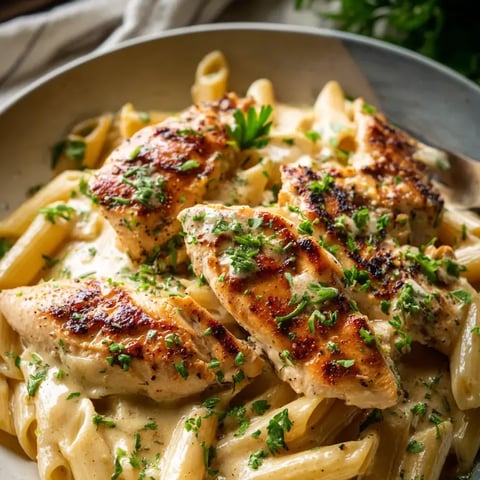 Ein Teller mit Huhn und Pasta.