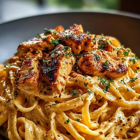 Eine Schüssel Pasta mit Hähnchen und Kräutern.