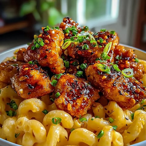 Eine Schüssel mit Hähnchen und Nudeln.