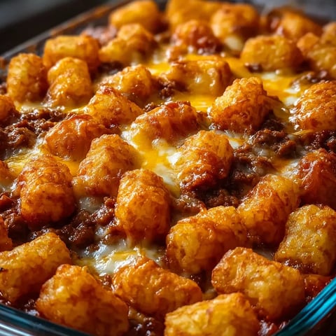Ein Auflauf mit Tater Tots, Käse und Fleisch.