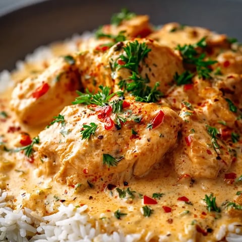 Ein Teller mit Reis, Fleisch und roten Paprika.