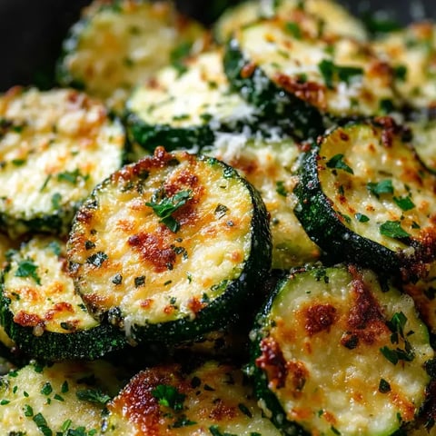 Ein Teller mit gebratener Zucchini, überbacken mit Käse und Kräutern.