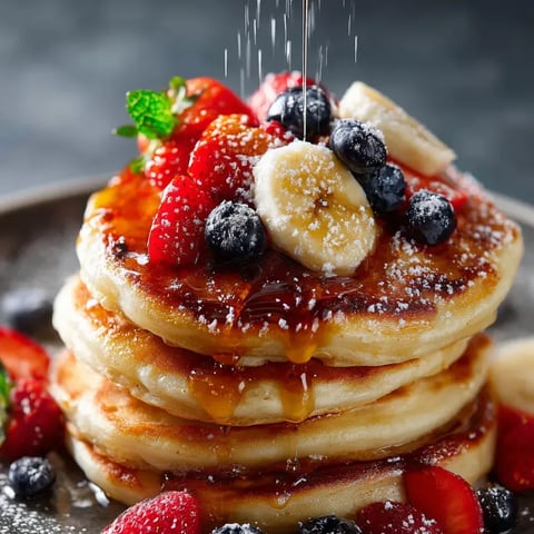 Ein Stapel Pfannkuchen mit Erdbeeren und Bananen oben drauf.