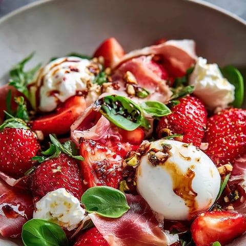Ein Teller voll mit Erdbeeren, Schinken und cremigem Käse.