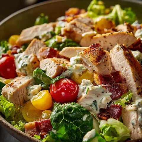 Schüssel mit Hühnchenstreifen, Tomaten, Salat und Blauschimmelkäse.