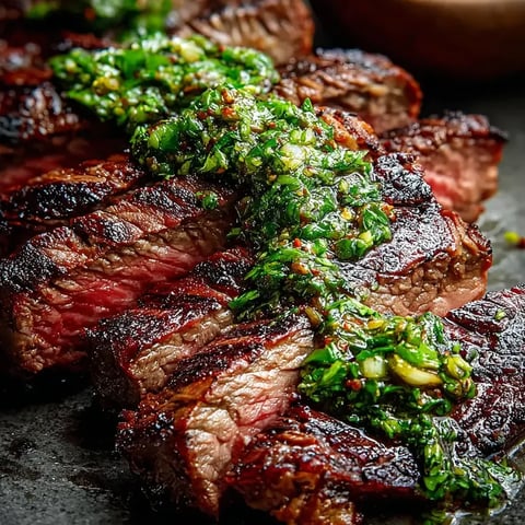 Nahaufnahme: Fleischstück mit grüner Soße.