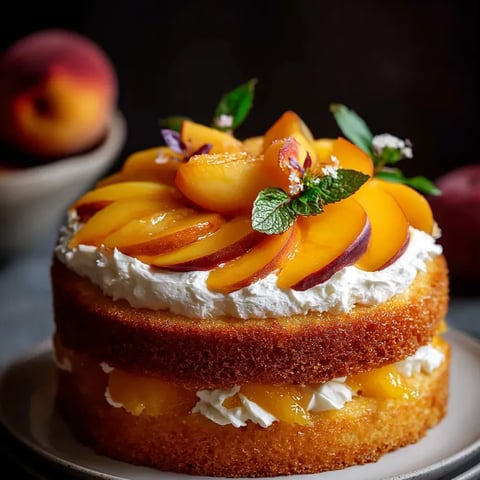 Ein Kuchen mit Pfirsichen und Sahne obendrauf.