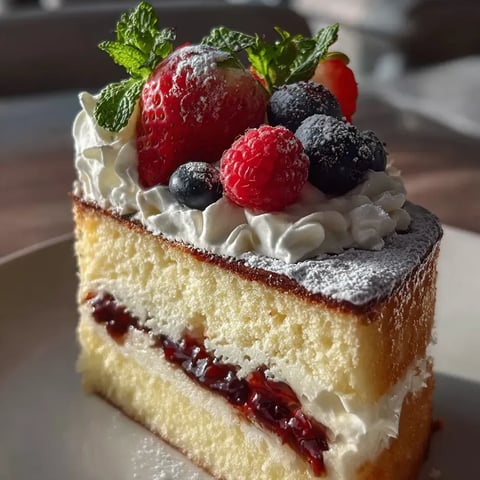 Ein Stück Kuchen mit frischen Erdbeeren und Blaubeeren obendrauf.