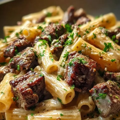Eine Portion Pasta mit Steakstücken und frischen Kräutern.