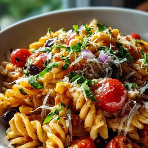 Eine Schüssel Nudeln mit Tomaten und Käse.