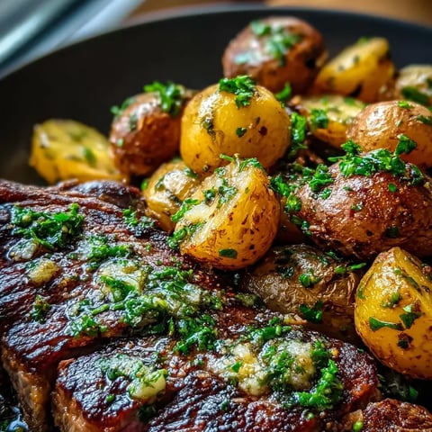 Ein Teller mit Steak und Kartoffeln.