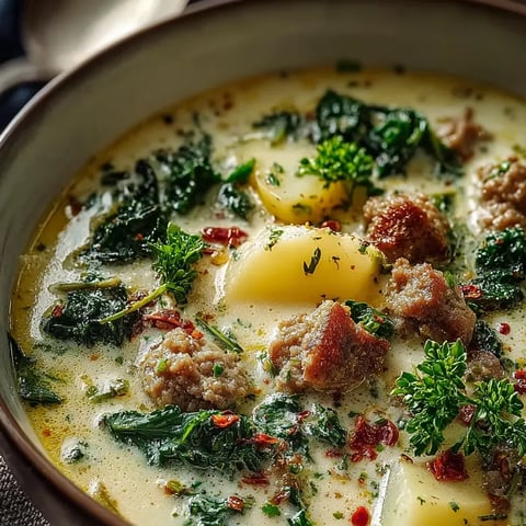 Eine Schale Suppe mit Grünkohl und Wurst.