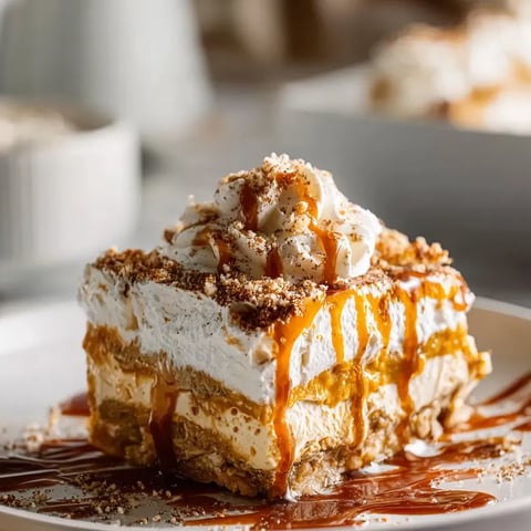 Ein Stück Kuchen mit Karamellsoße obendrauf.