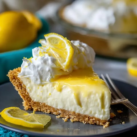 Ein Stück Zitronenkuchen mit einer Zitronenscheibe daneben.