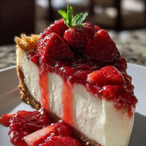 Ein Stück Kuchen mit Erdbeeren oben drauf.
