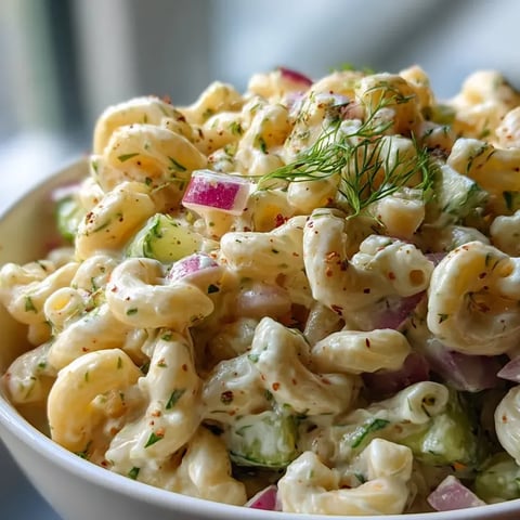 Eine Schüssel Nudelsalat mit roten Zwiebeln.
