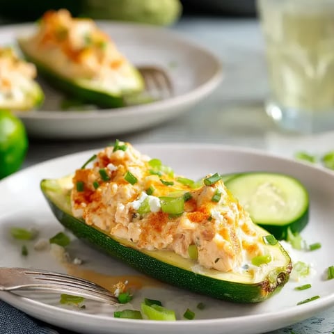 Ein Zucchini mit einer cremigen Sauce darauf.