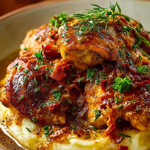 Eine Platte mit gegrillten Chicken-Bällchen, die mit Bacon-Streifen und Zwiebeln garniert sind.