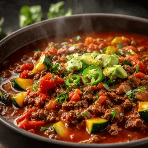 Ein schwarzes Becken mit einer Mischung aus Kartoffeln, Zwiebeln, Tomaten, Avocado und Zucchini.