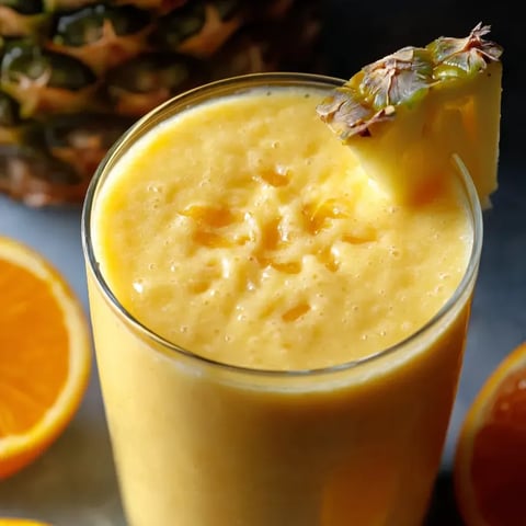 Eine Glass mit einer Pineapple-Topping und einer Orange-Topping.