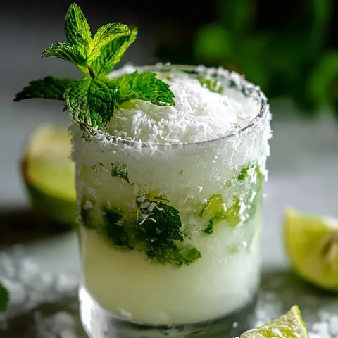 Ein Glas mit einer Mischung aus Mint und anderen Zutaten, die in einem Glas mit Wasser und Eis zubereitet wurde.