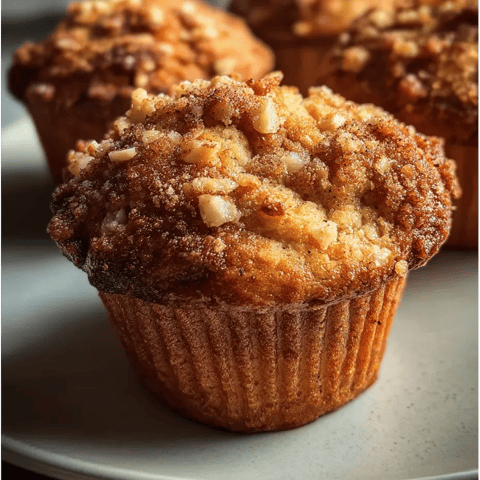 Ein muffin mit nusszucker und nüssen auf einem Teller.