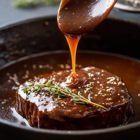 Eine Schüssel mit einer Portion Fleisch, das mit Zwiebeln und Sauce garniert wird.