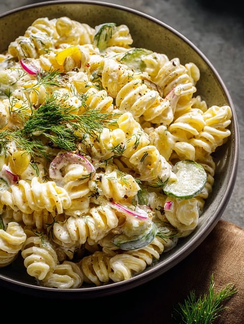 Ein großer, glitzernder Topf mit Pasta, Zucchini, Tomaten, Zwiebeln und Knoblauch.