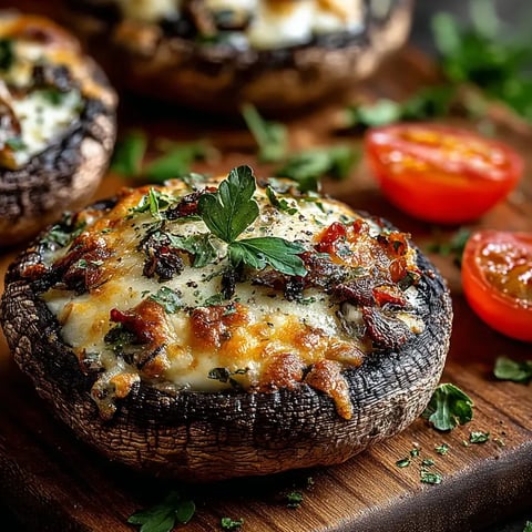 Eine Mushroom mit Tomaten und Basilikum auf einem Holzblock.