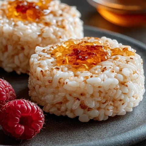 Rice mit Raspberry-Sauce auf einem Teller.