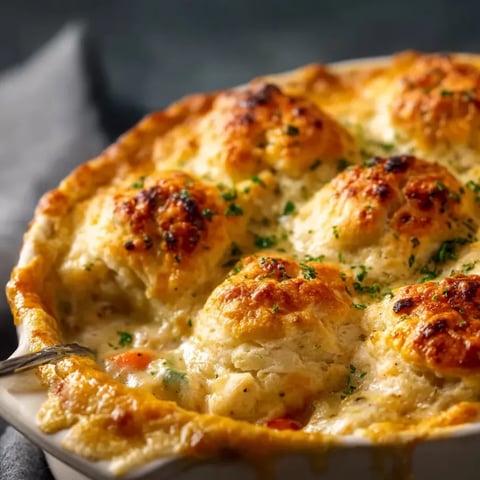 Ein weißer Teller mit einer Kugelpfanne, die mit Käse, Zwiebeln und Karotten gefüllt ist.