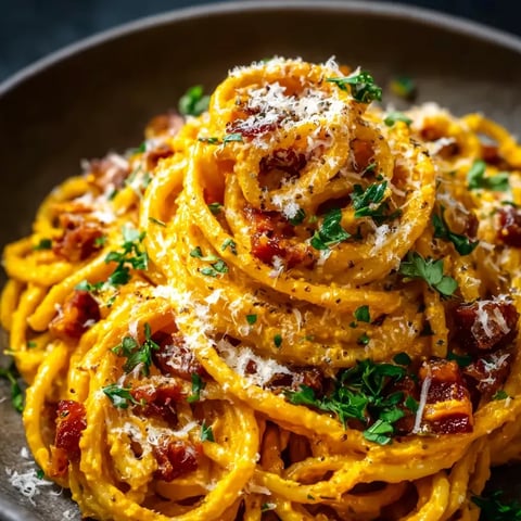 Ein Schälchen mit Pasta, Bacon und Parmesan.