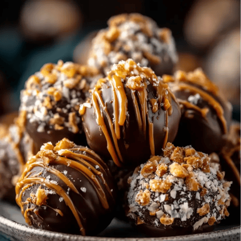 Ein Teller mit Schokoladenkugeln, die mit Walnussschnee und Schokoladenglasur bedeckt sind.